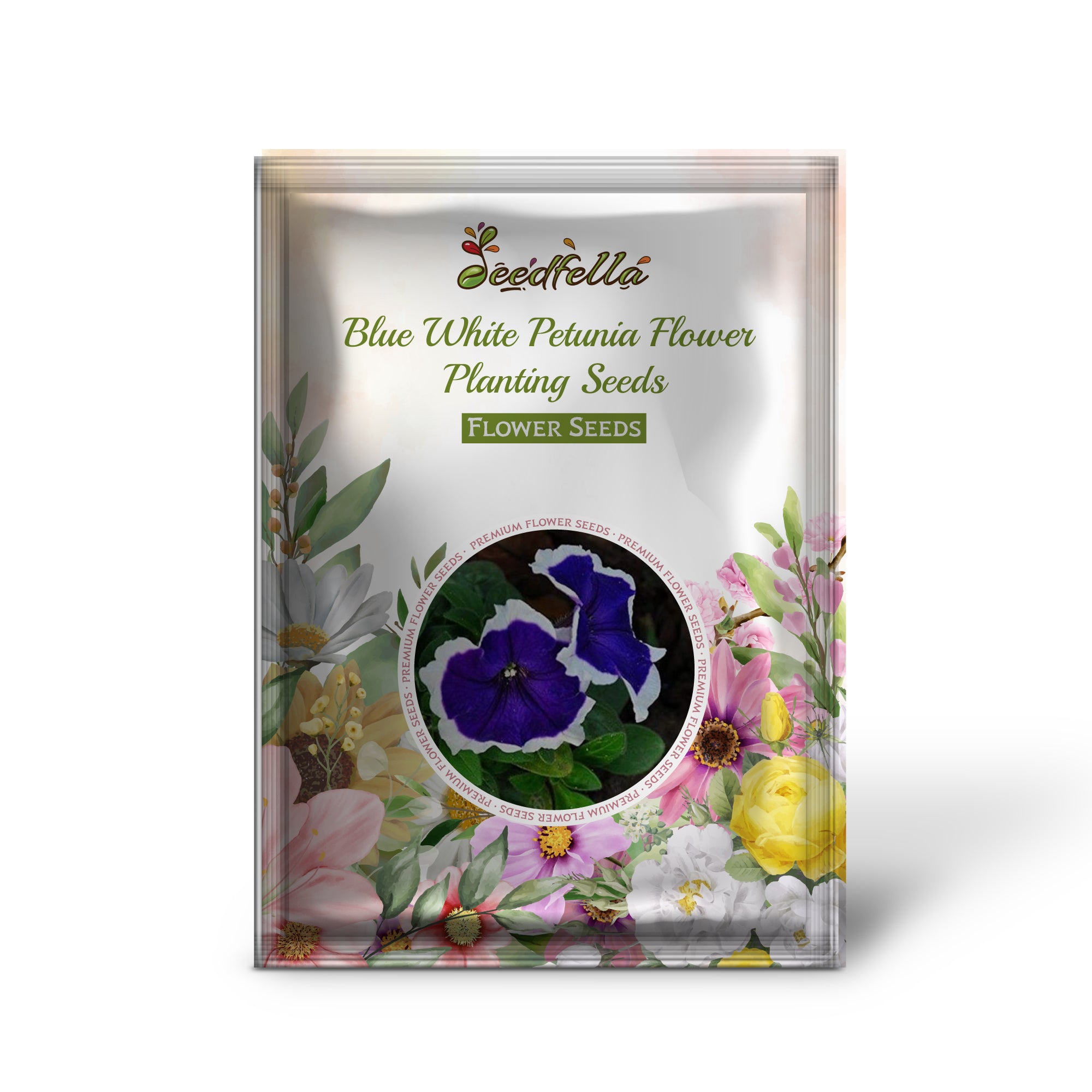 Blue and white Petunia flowers in full bloom