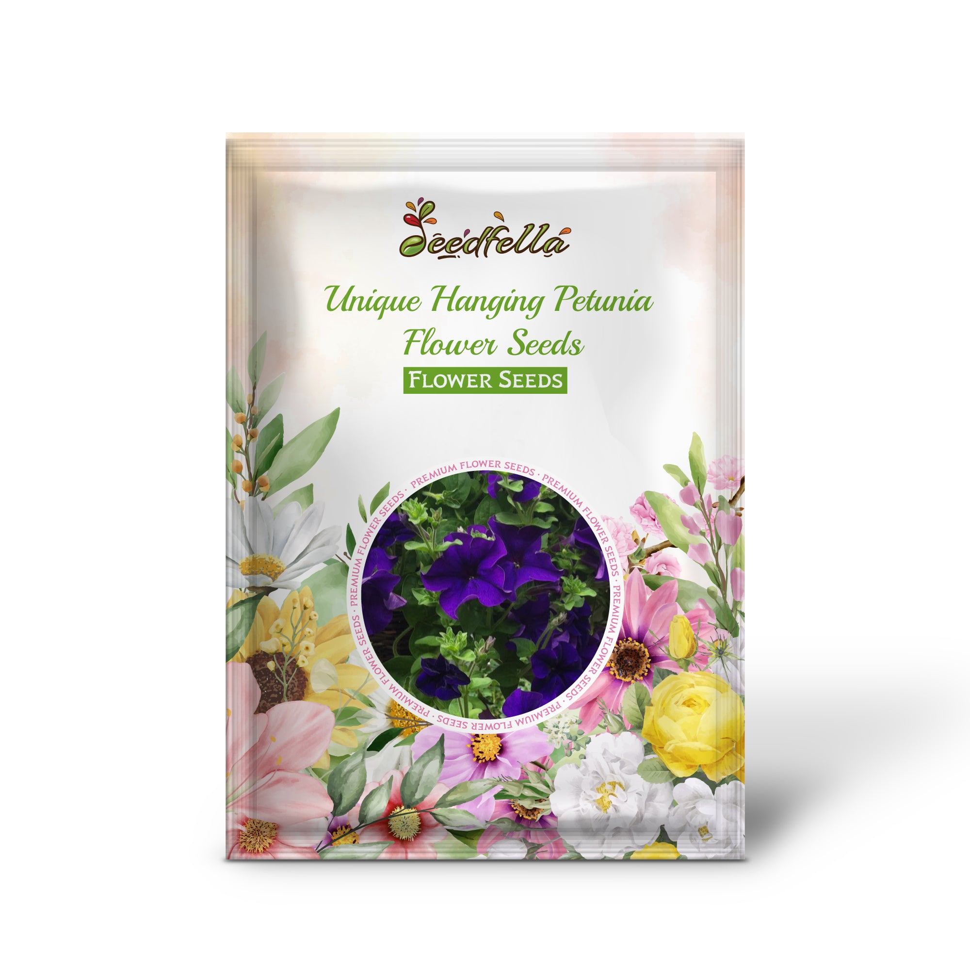 Blue and Yellow Petunias in Hanging Basket