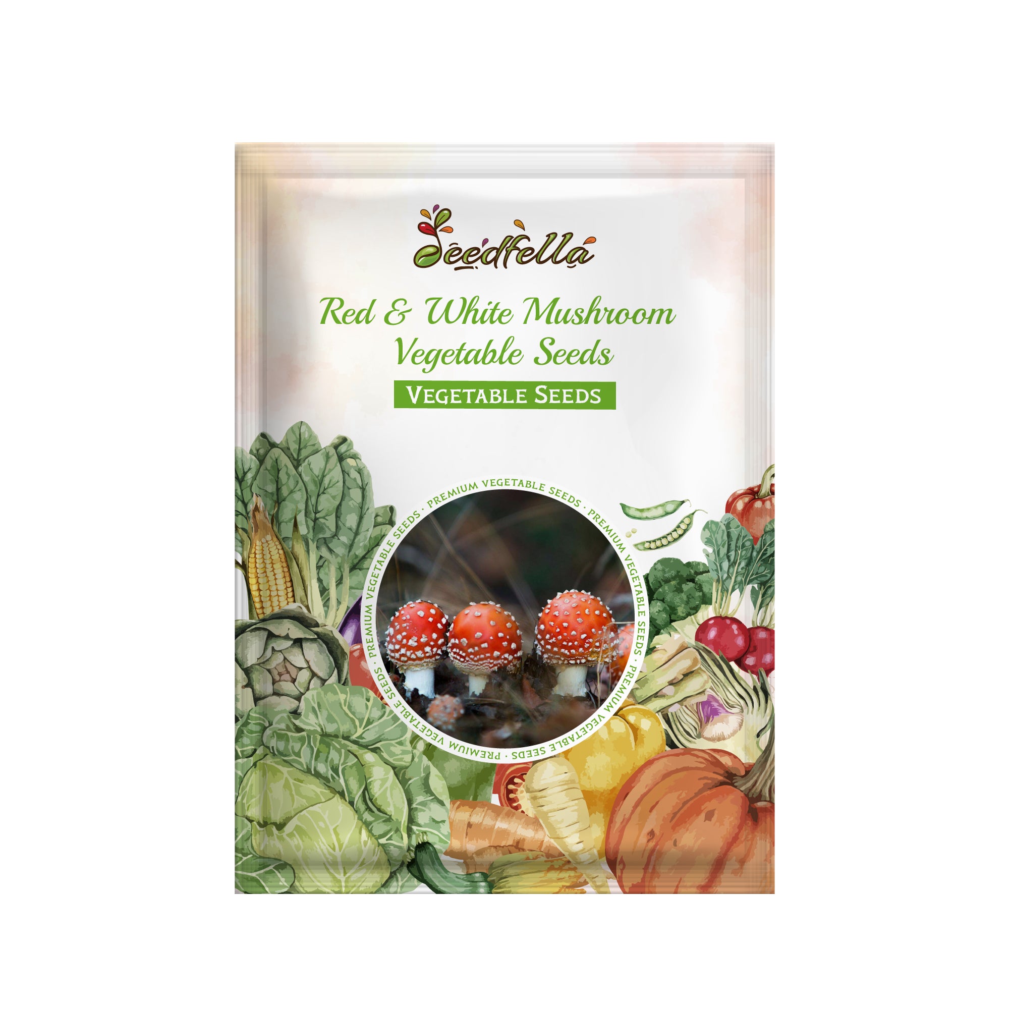 Decorative red and white mushroom caps in garden