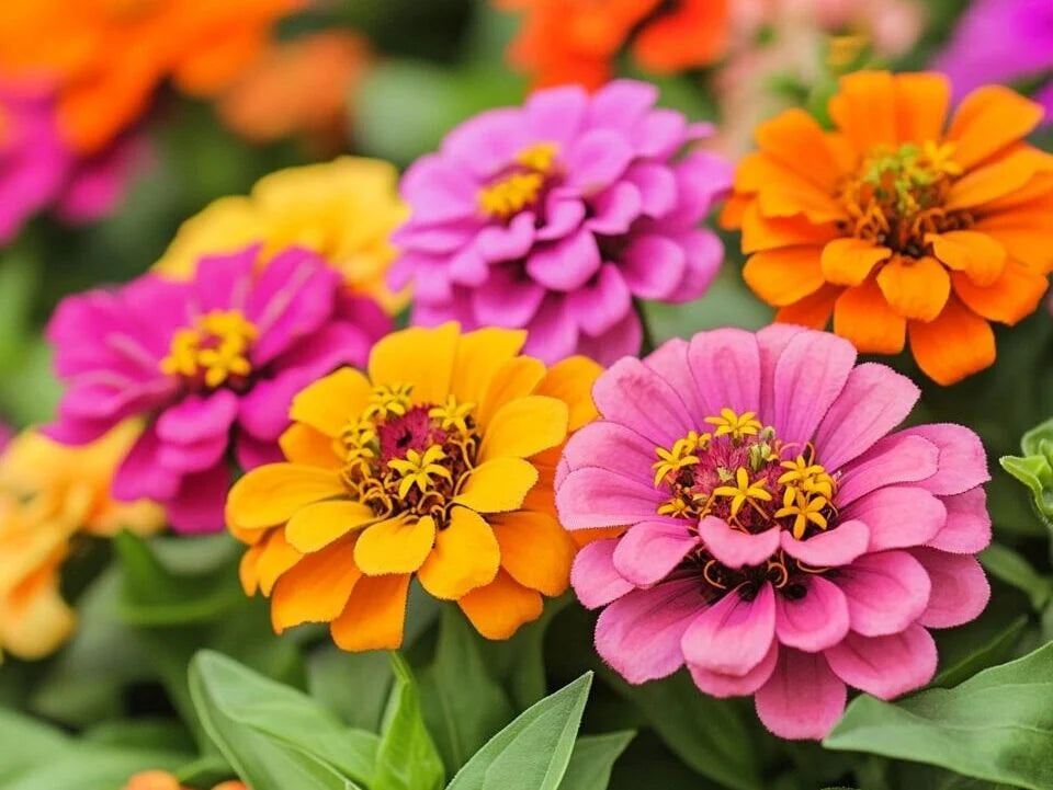 Rich Brown Red Zinnia Flowers in Garden Borders