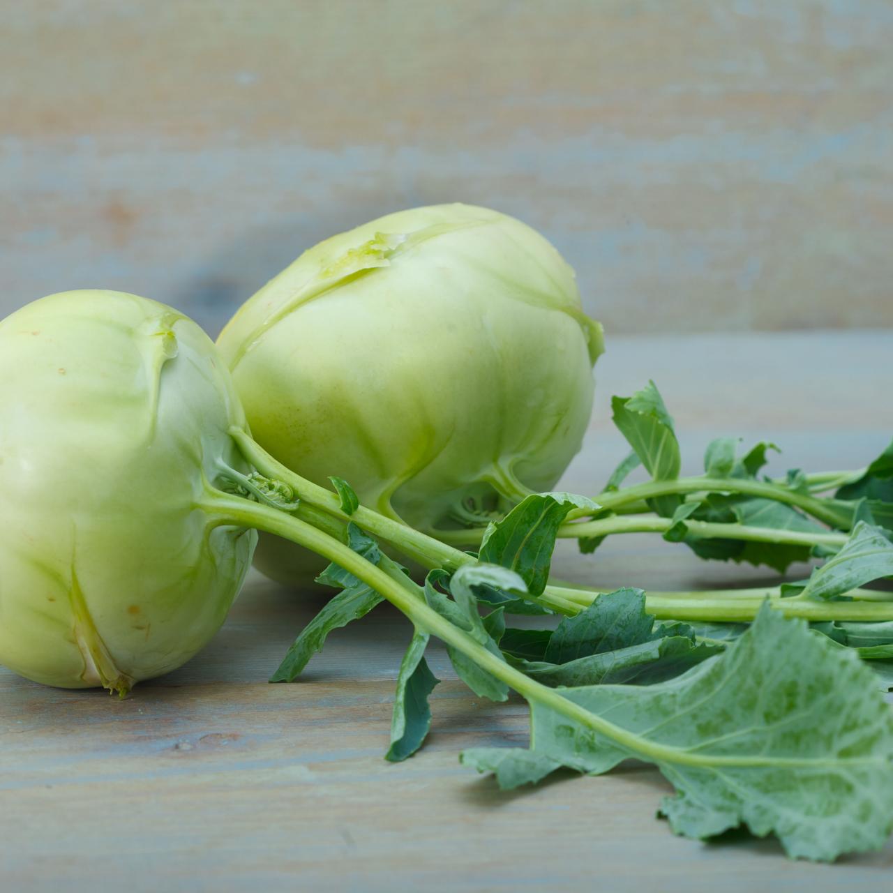 Green Kohlrabi plants growing in a garden