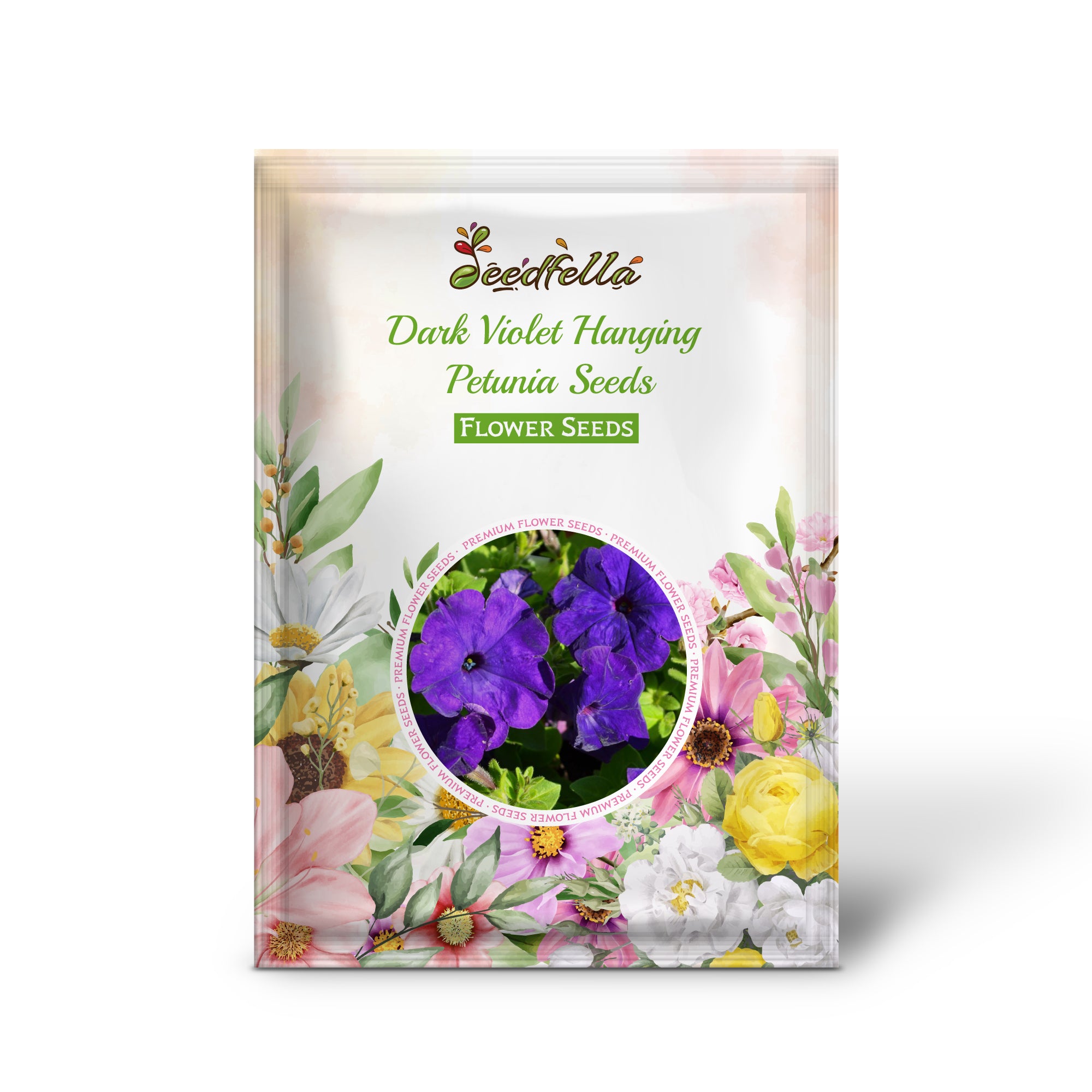 Hanging Basket with Dark Violet Petunia Flowers