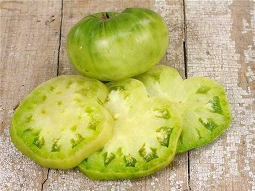 Large green beefsteak tomato on vine