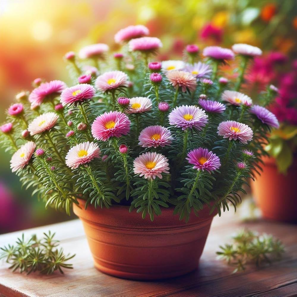 Aster Flowers Growing in Pots