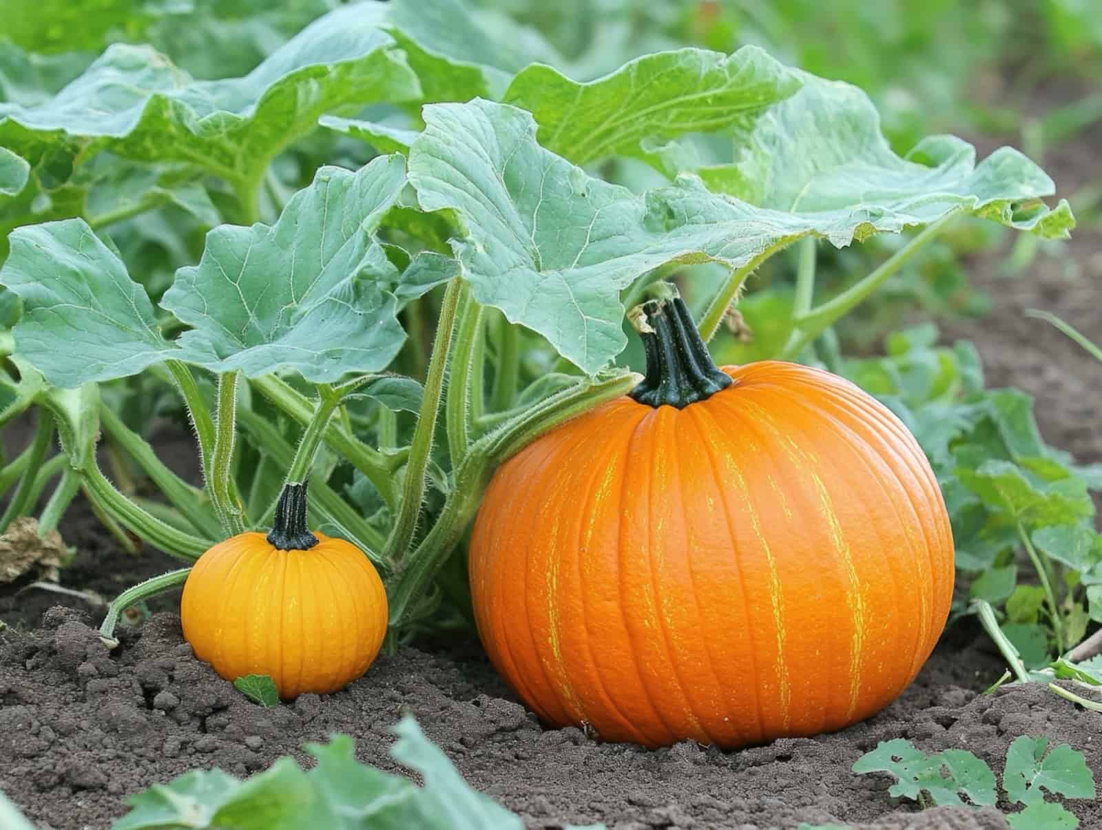 Pumpkin vines spreading across garden soil