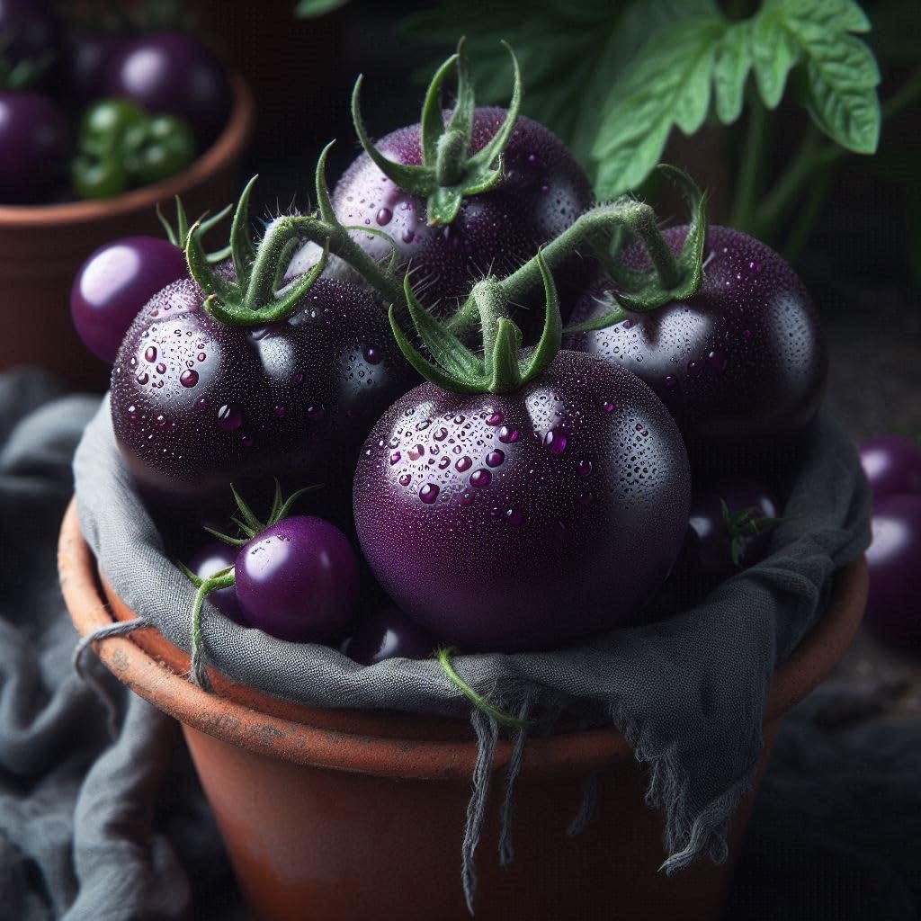 Ripe black and blue tomatoes on the vine