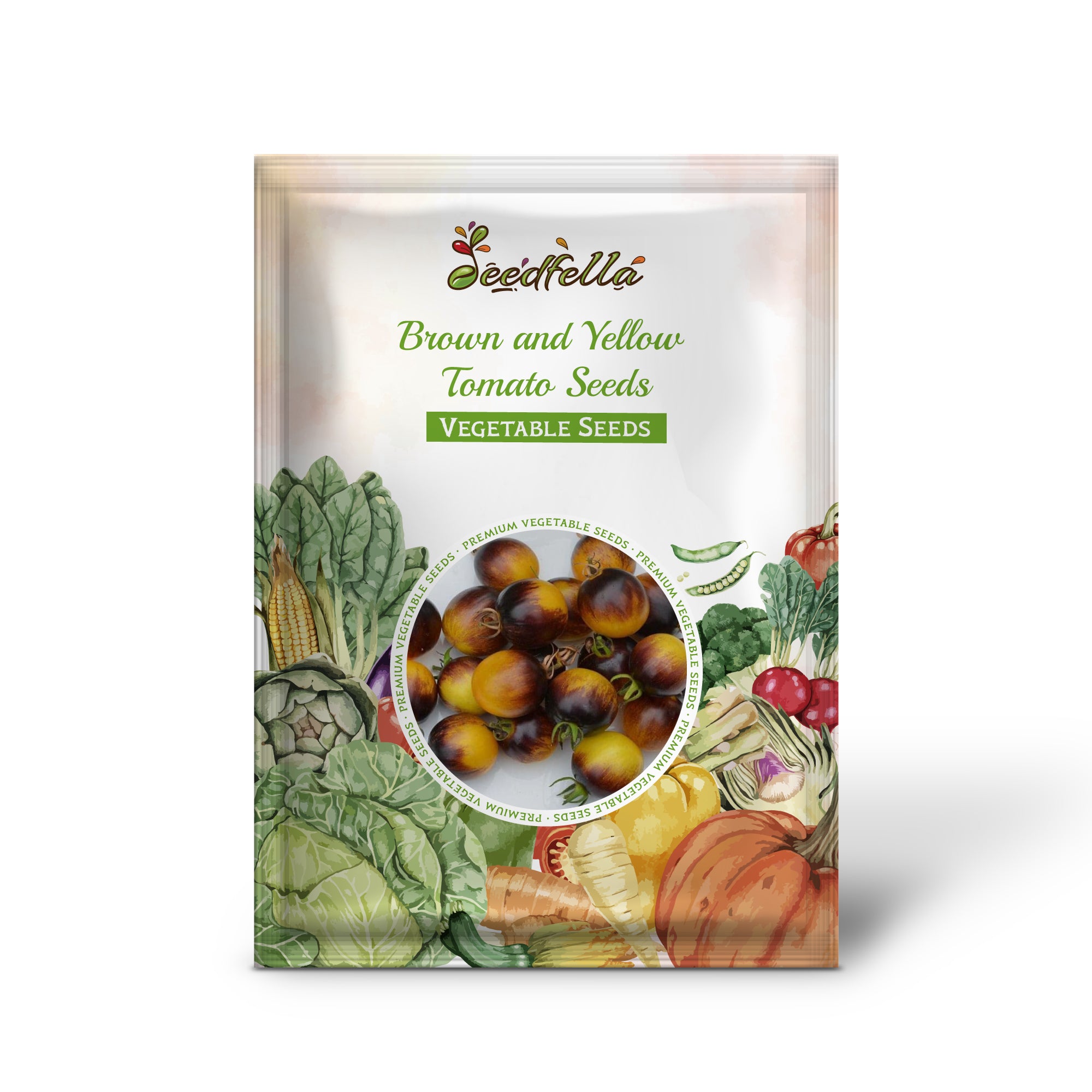 Closeup of ripe brown and yellow tomatoes grown from seeds