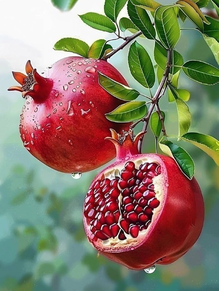 Ripe red pomegranates hanging on tree branch