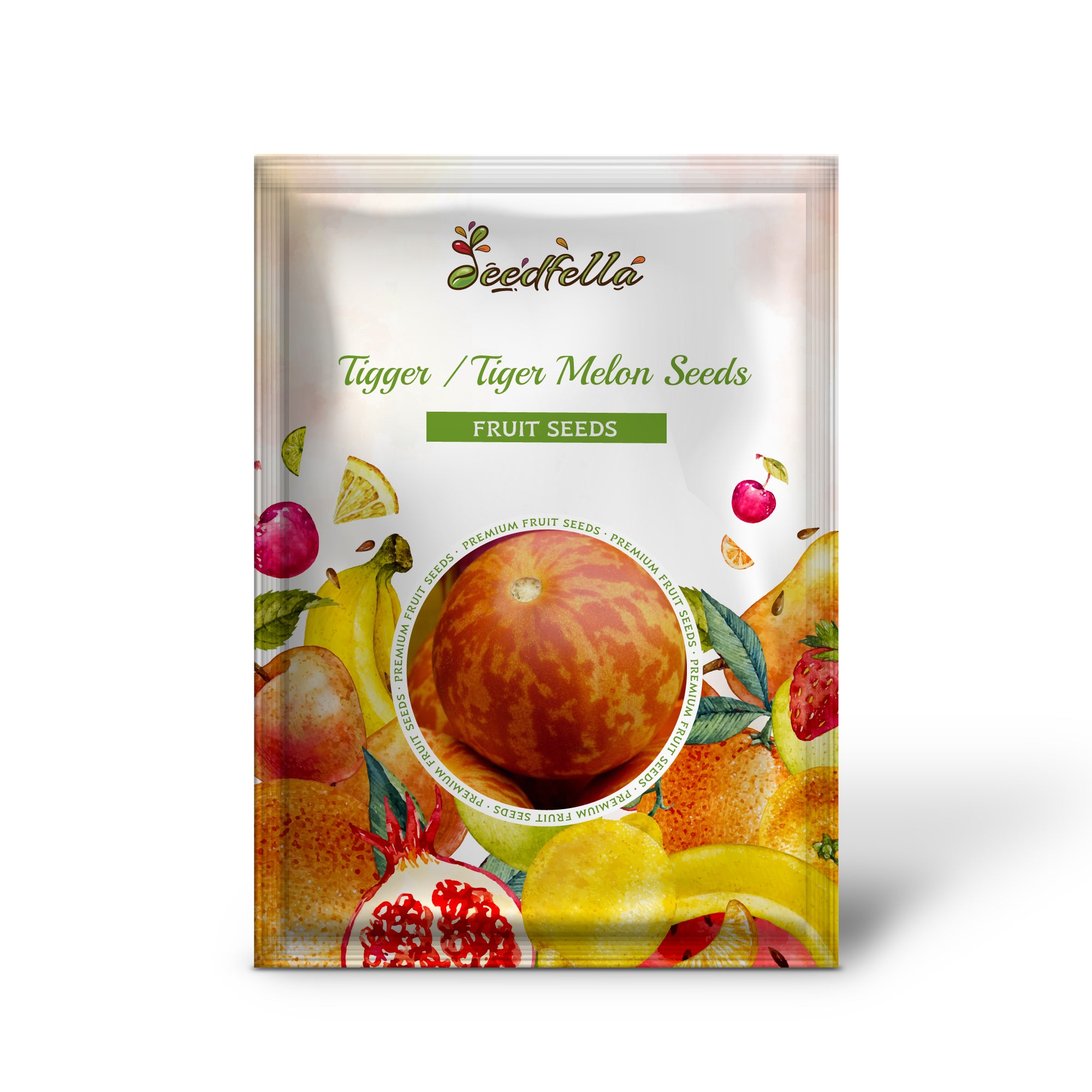 Striped orange and yellow Tigger melons on the vine