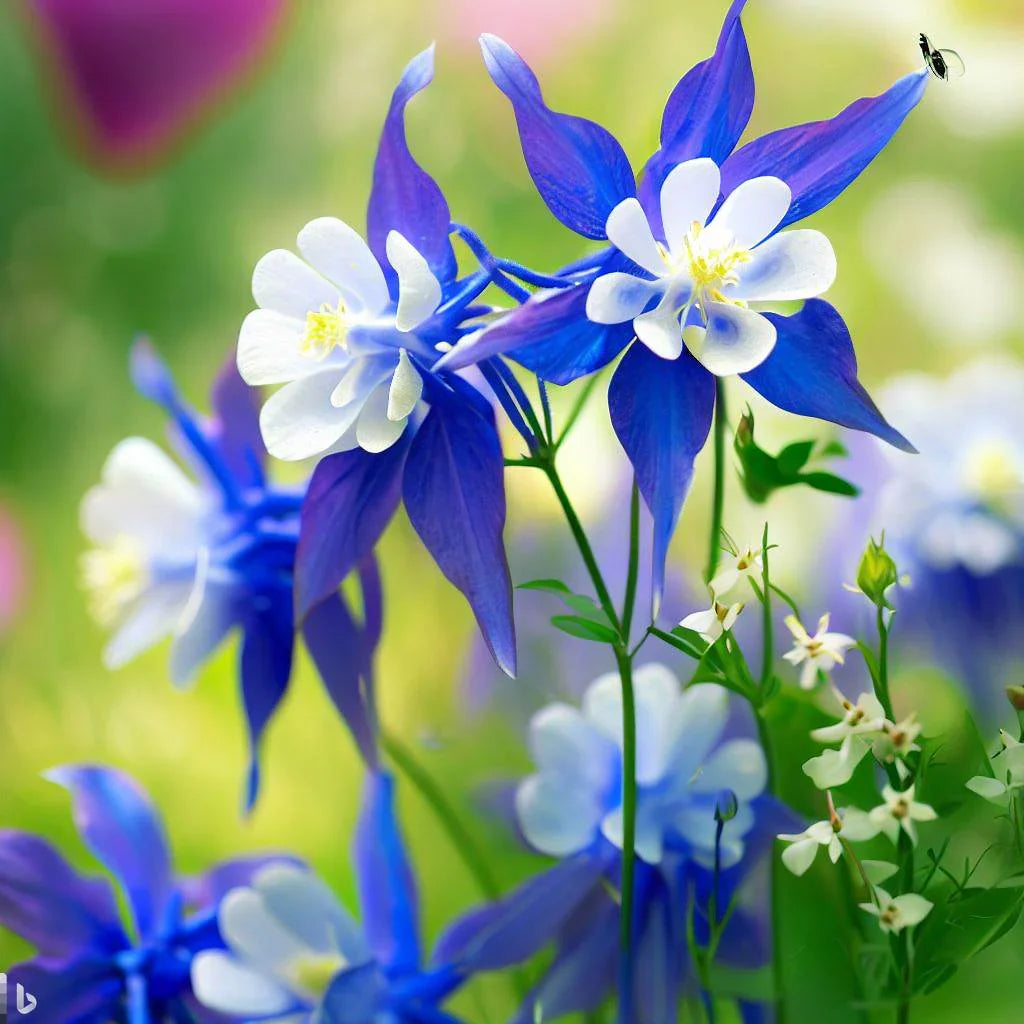 Two-Tone Light Blue and White Aquilegia Flowers in Bloom