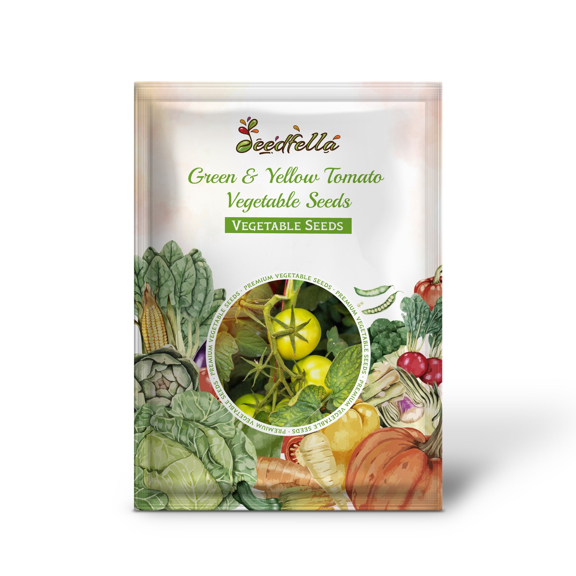 Closeup of vibrant Green & Yellow tomatoes grown from high-quality seeds