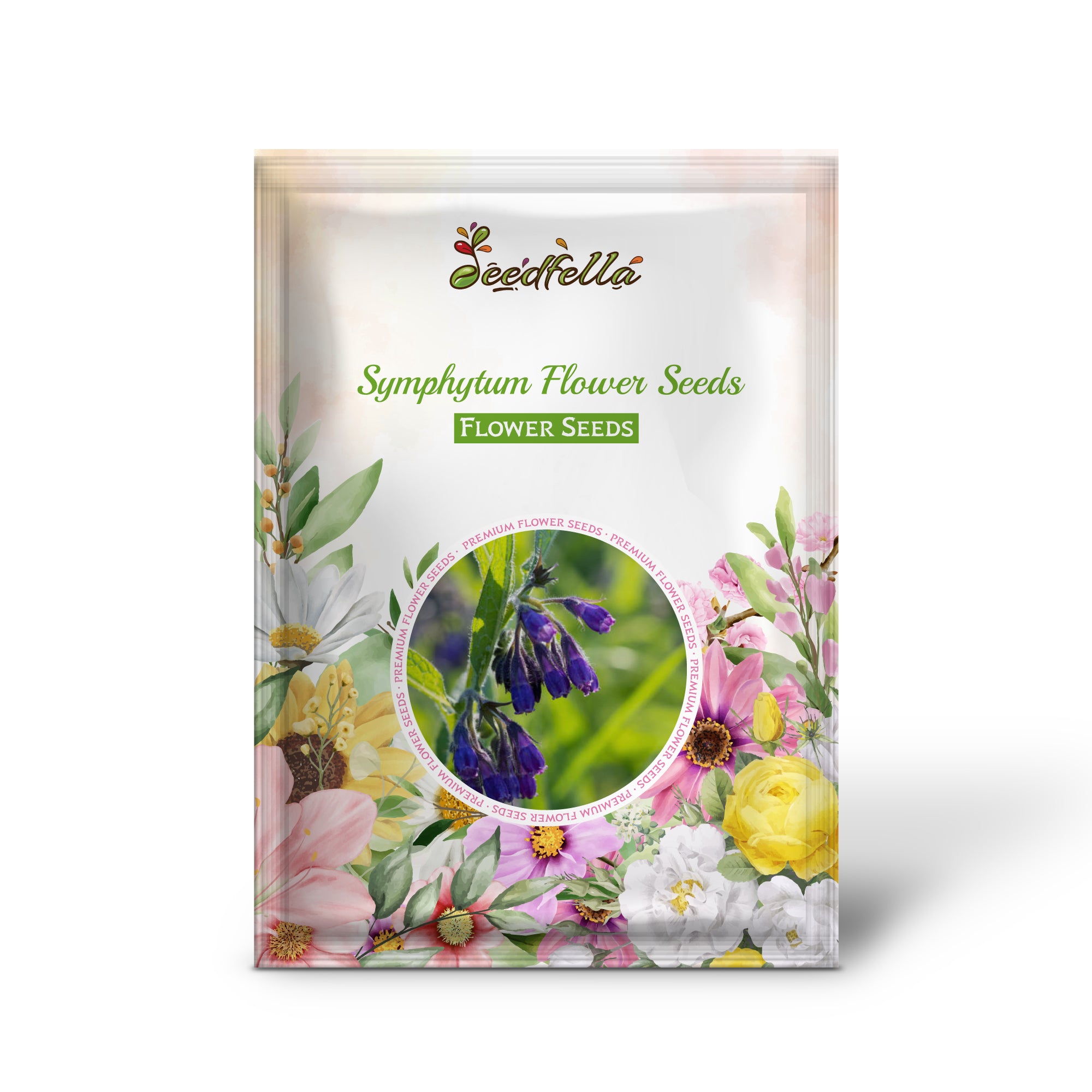 Violet Symphytum flowers in garden